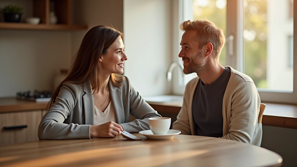 Zwei Menschen sitzen sich gegenüber am Tisch und führen ein entspanntes Gespräch mit Kaffee