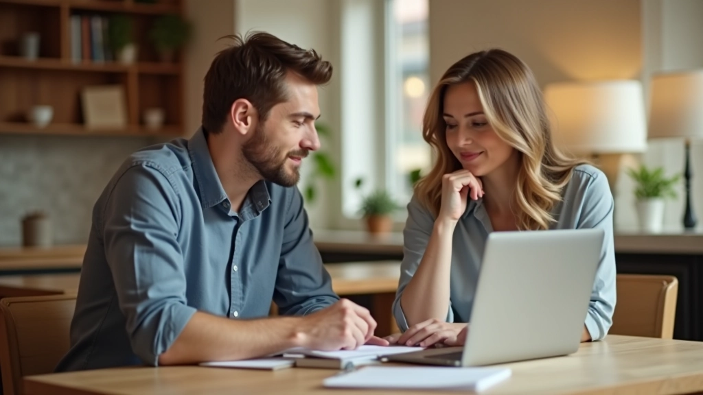 Zwei Personen sitzen am Tisch mit Notizbuch und Kaffee, besprechen Finanzplanung