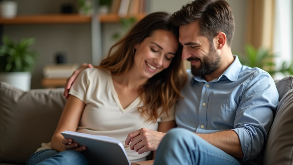 Paar sitzt gemütlich auf dem Sofa mit Kalender und Notizbuch, plant gemeinsam Finanzgespräche