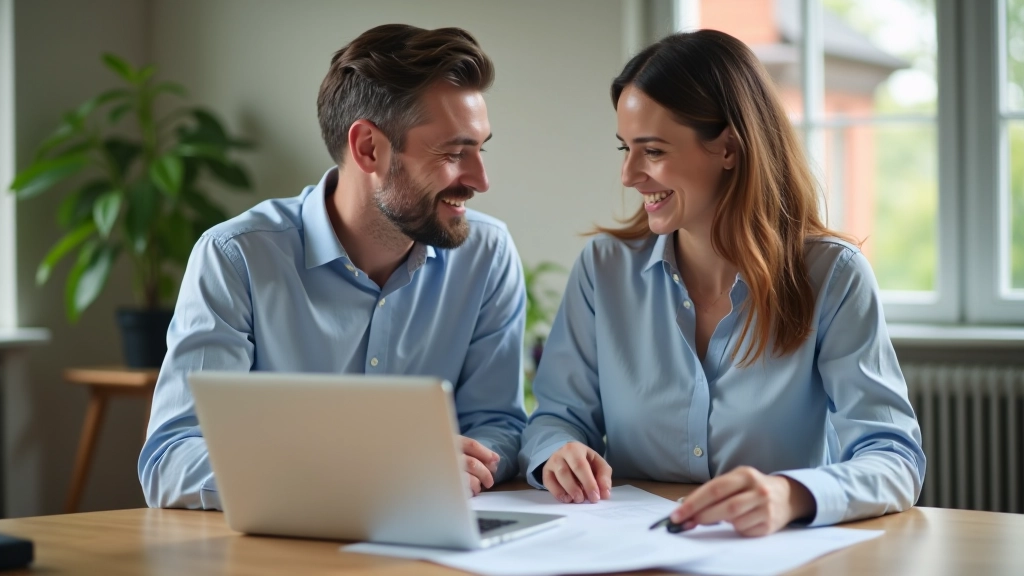 Zwei Menschen sitzen zusammen am Schreibtisch mit Laptop und Finanzunterlagen, analysieren Sparpläne