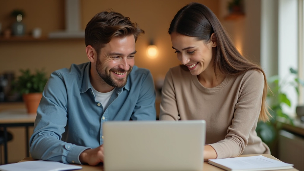 Zwei Personen schauen gemeinsam auf einen Laptop und überprüfen ihr Bankguthaben
