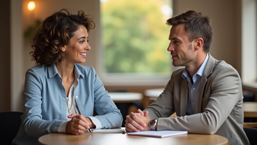 Zwei Menschen führen ein Gespräch über ihre Finanzen mit einem Notizbuch und einer Tasse Tee auf dem Tisch