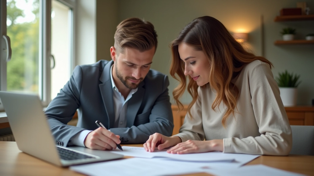Ein Paar sitzt an einem Tisch und bespricht gemeinsam ihre Finanzen mit Dokumenten und Kaffeetassen