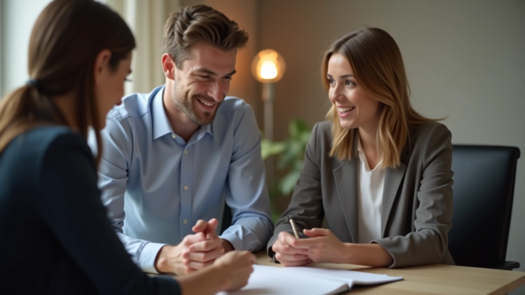 Paar bei einem Finanzplanungsgespräch mit Finanzberater, offene Kommunikation in professioneller Umgebung