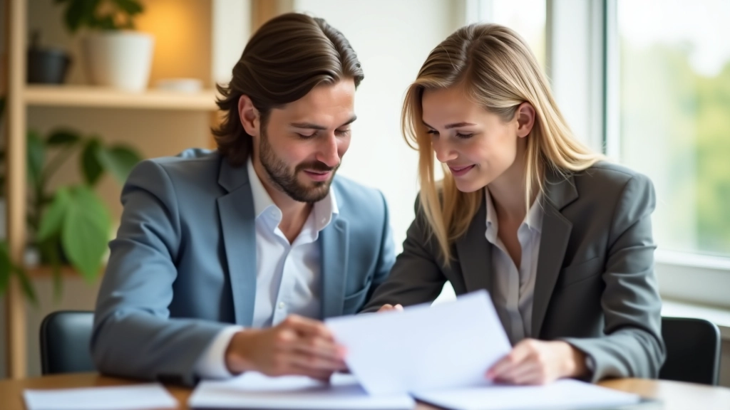 Modernes Paar bei der Finanzplanung am Schreibtisch, gemeinsames Arbeiten an Dokumenten