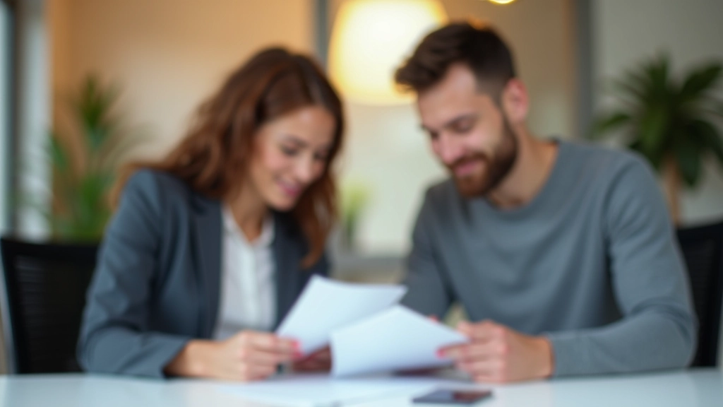Zwei Personen sitzen zusammen am Tisch und schauen auf Finanzdokumente mit Kaffeetasse und Laptop im Hintergrund