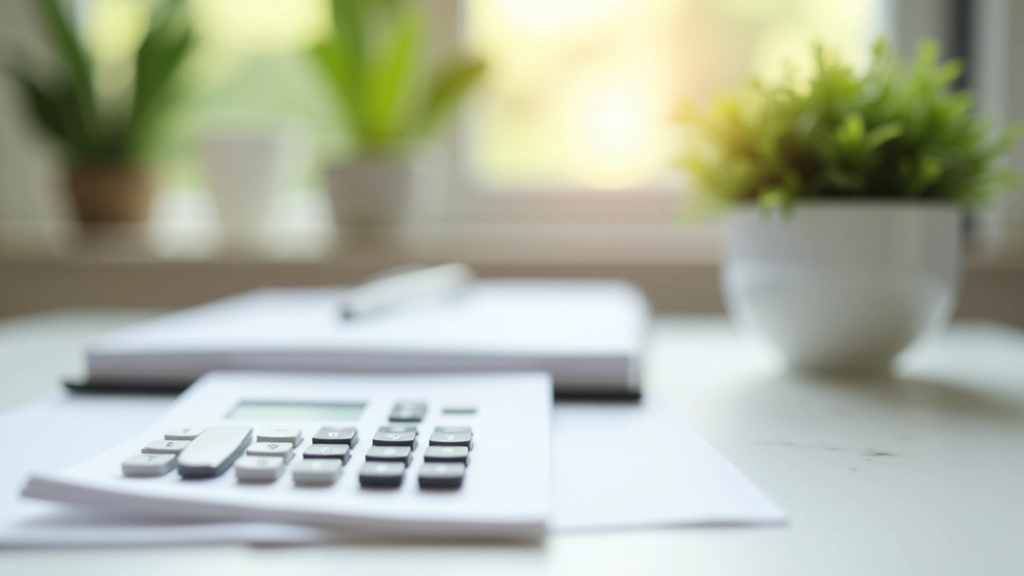 Rentenrechner und Sparbuch auf Schreibtisch mit Pflanze im Hintergrund
