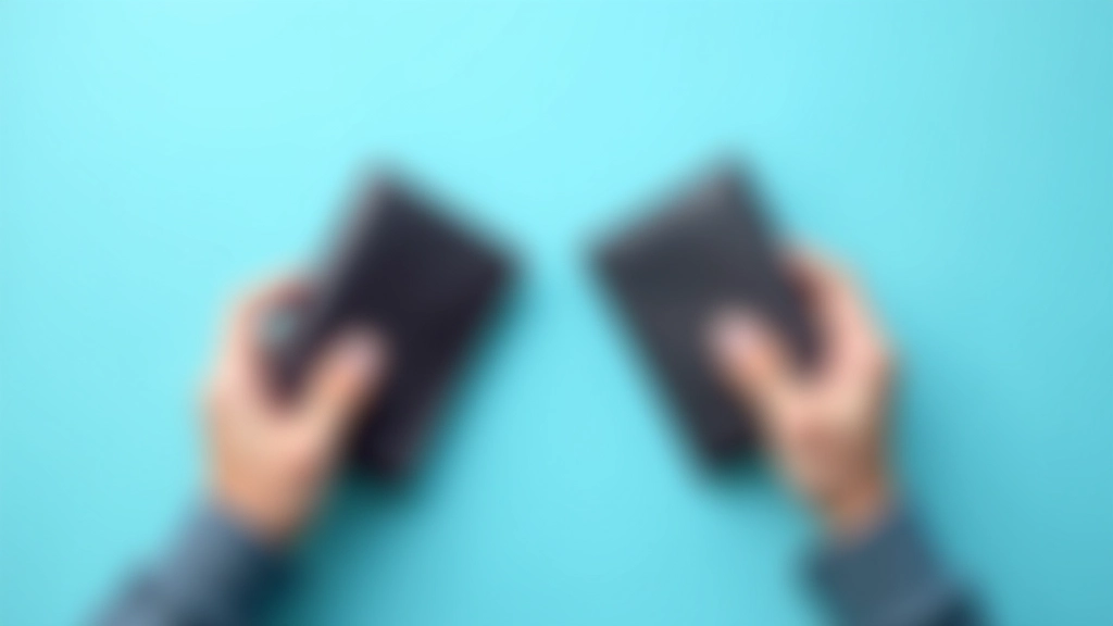 Zwei Hände halten Geldbörsen nebeneinander auf blauem Hintergrund