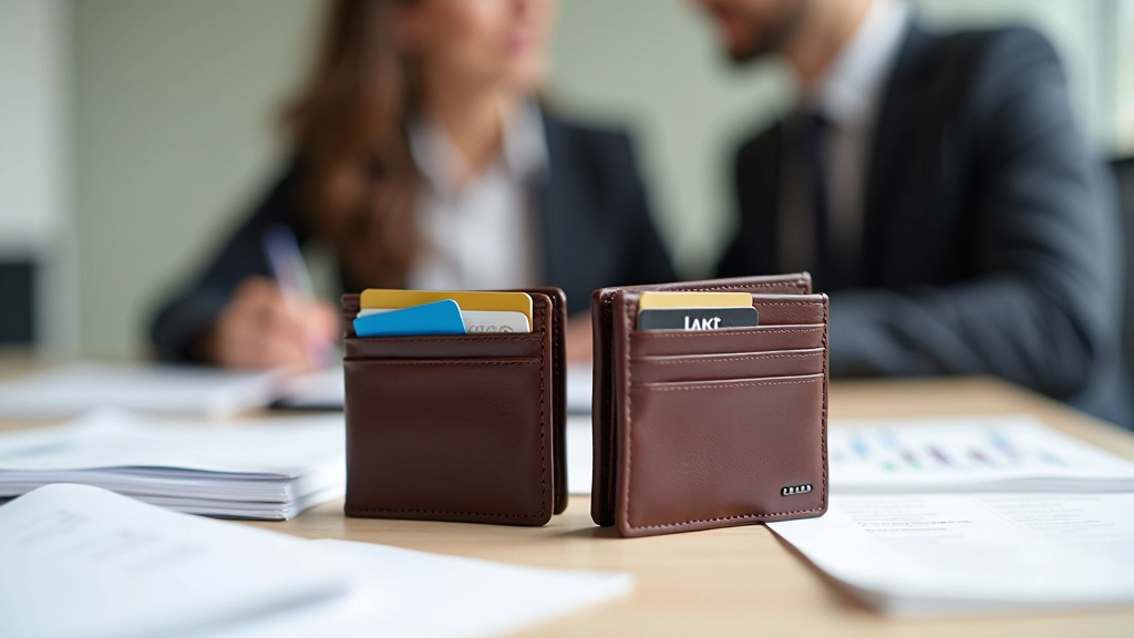 Zwei getrennte Geldbörsen nebeneinander mit unterschiedlichen Bankkarten und Dokumenten
